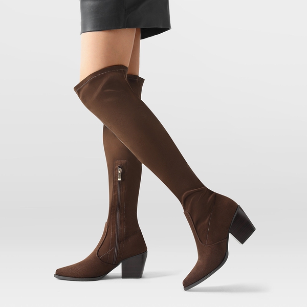 Pointed Toe Thigh High Boots - DARK BROWN SUEDE - 1